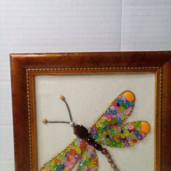 Handmade Dragonfly Beaded Artwork Stones Mixed Media Canvas Framed Decor 12 x 10 - Picture 4 of 15